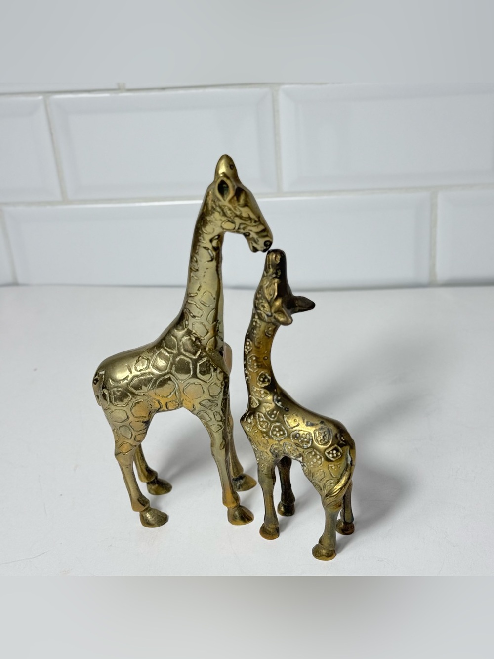 Vintage Solid Brass Mother Baby Giraffe Figurines Sculptures Sandra By Sadek MCM